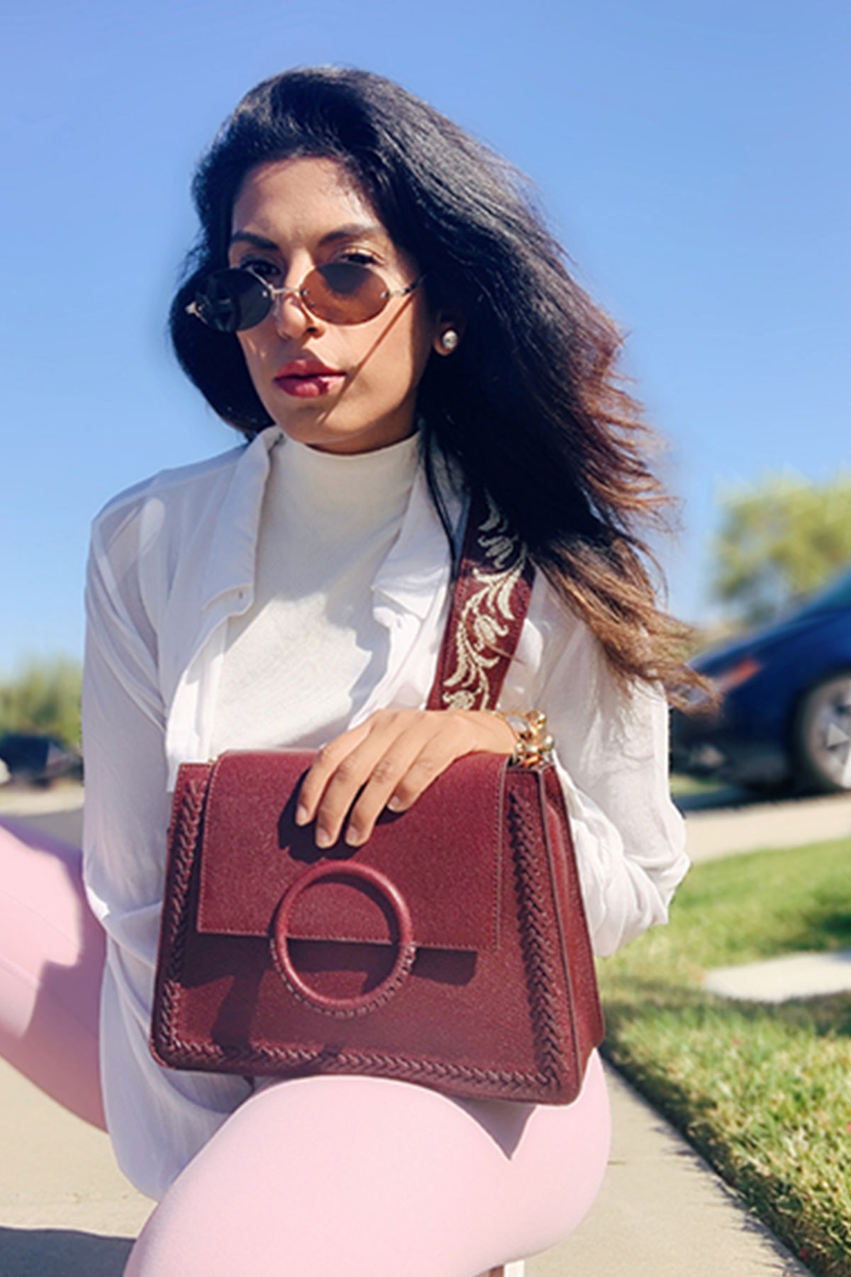 Geranium-Sangria Leather Shoulder Bag