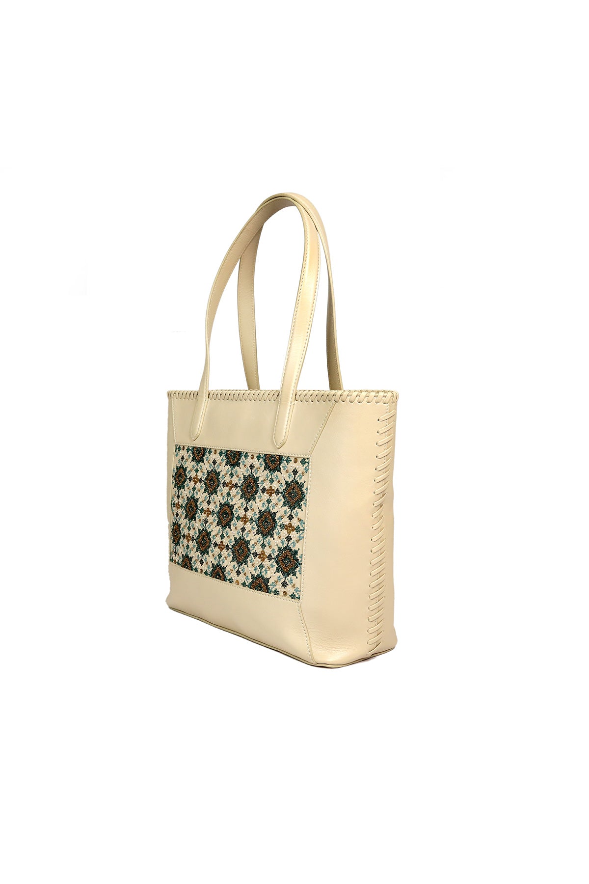 Pansy-Ivory and Green Leather Tote Bag