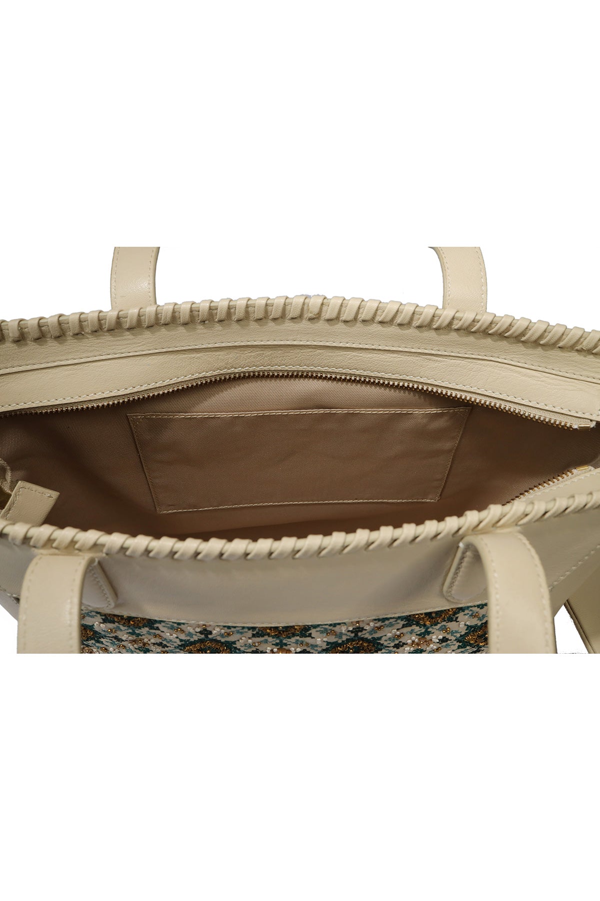 Pansy-Ivory and Green Leather Tote Bag